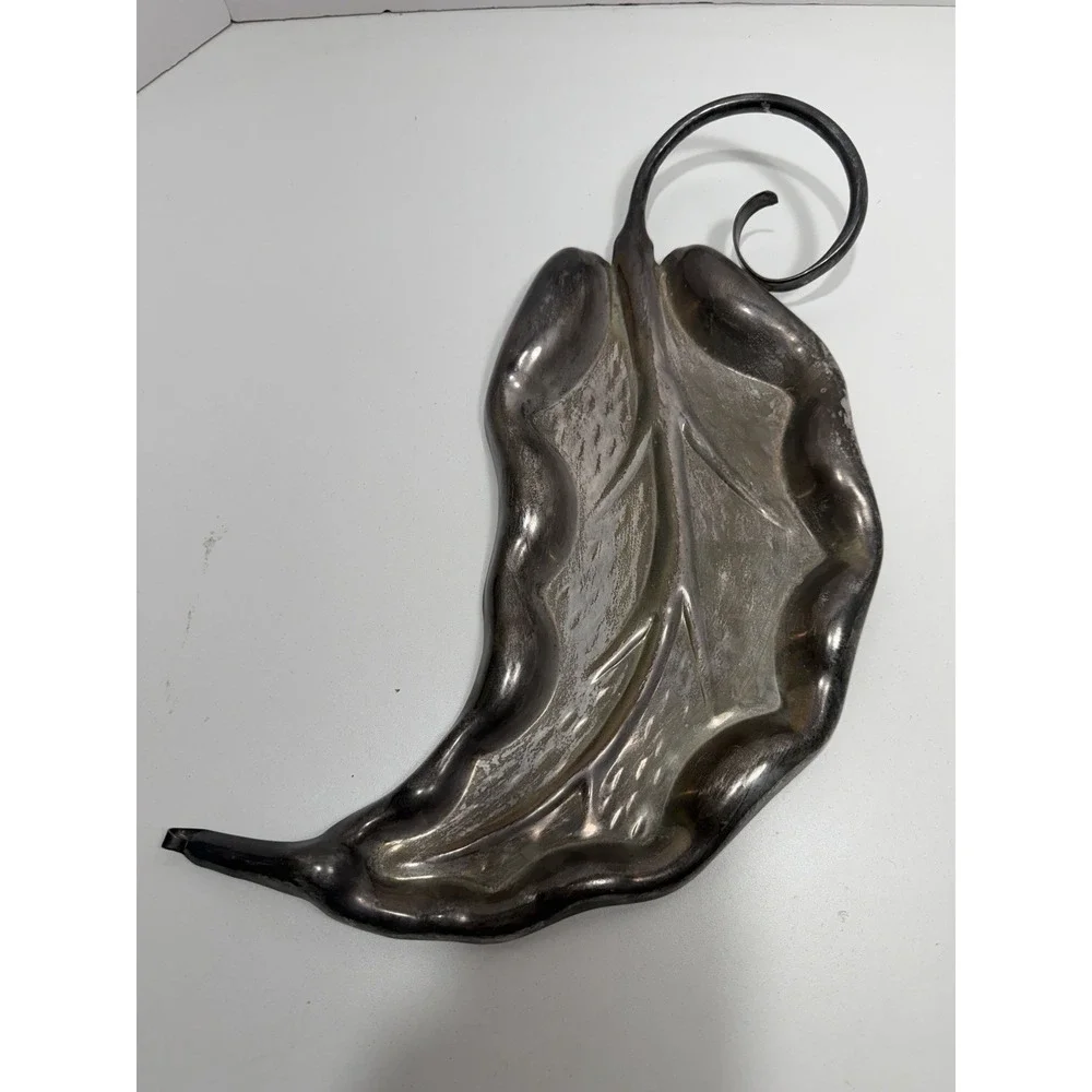 Vintage Silver Plate‎ Leaf Candy Dish Tray Curly Handle Trinket Bowl Mid Century